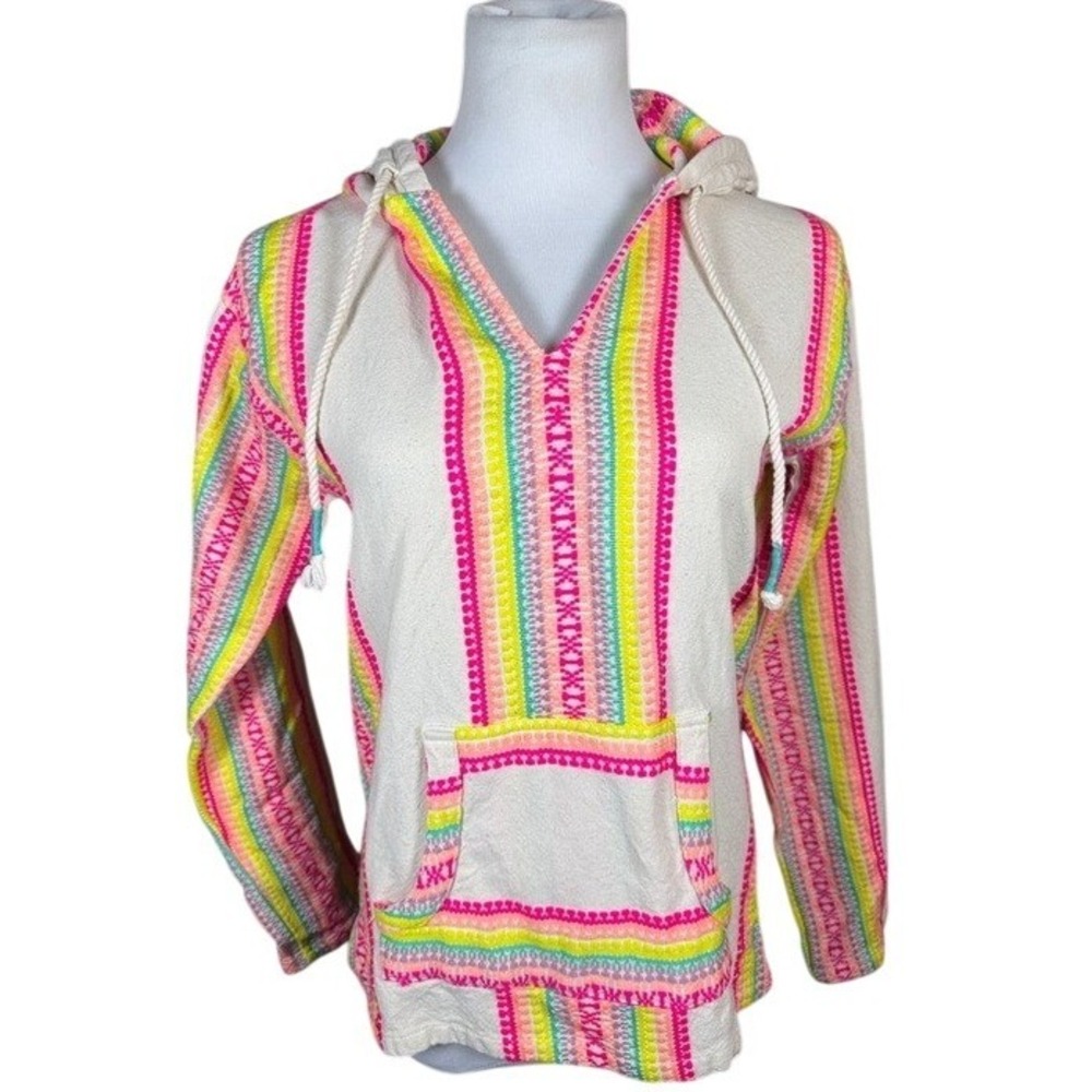 Beach By Exist Womens Baja Hoodie Neon Stripe Cotton Pullover Cream Medium